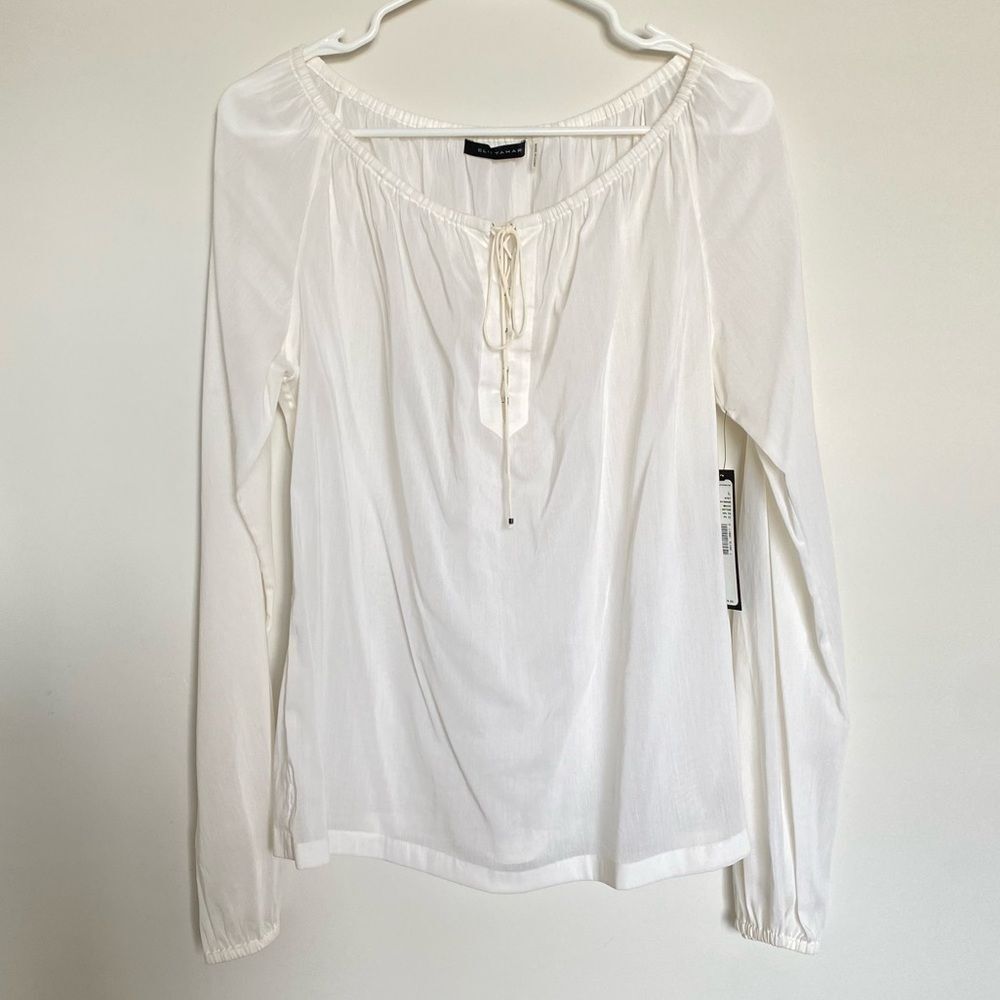 Elie Tahari White Long Sleeve Peasant Workwear Blouse Tie Front Size Large NWT